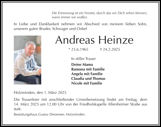 Traueranzeige von Andreas Heinze von Täglicher Anzeiger Holzminden
