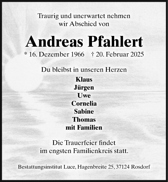 Traueranzeige von Andreas Pfahlert von Göttinger Tageblatt