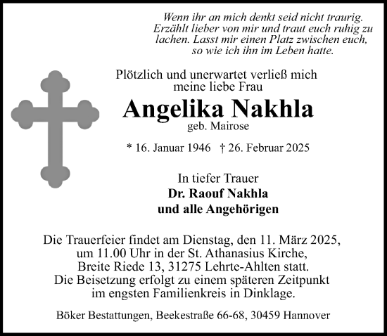 Traueranzeige von Angelika Nakhla von Hannoversche Allgemeine Zeitung/Neue Presse