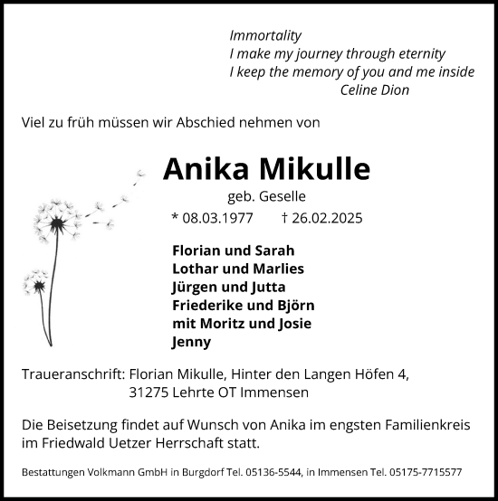 Traueranzeige von Anika Mikulle von Hannoversche Allgemeine Zeitung/Neue Presse