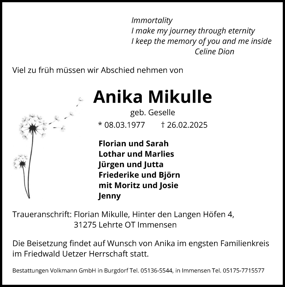  Traueranzeige für Anika Mikulle vom 08.03.2025 aus Hannoversche Allgemeine Zeitung/Neue Presse