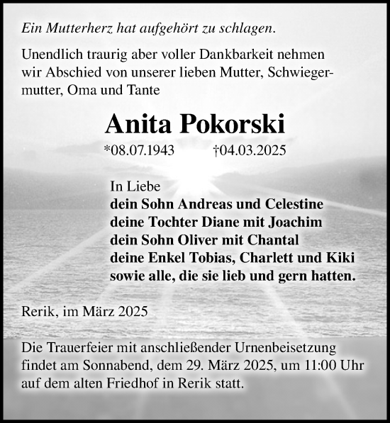 Traueranzeige von Anita Pokorski von Ostsee-Zeitung GmbH