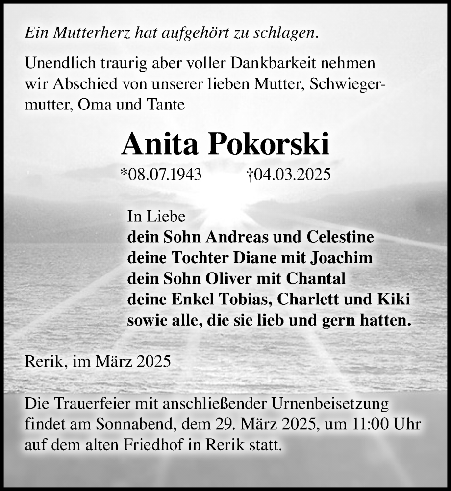 Traueranzeige für Anita Pokorski vom 15.03.2025 aus Ostsee-Zeitung GmbH