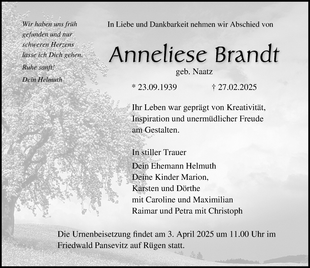  Traueranzeige für Anneliese Brandt vom 07.03.2025 aus Ostsee-Zeitung GmbH