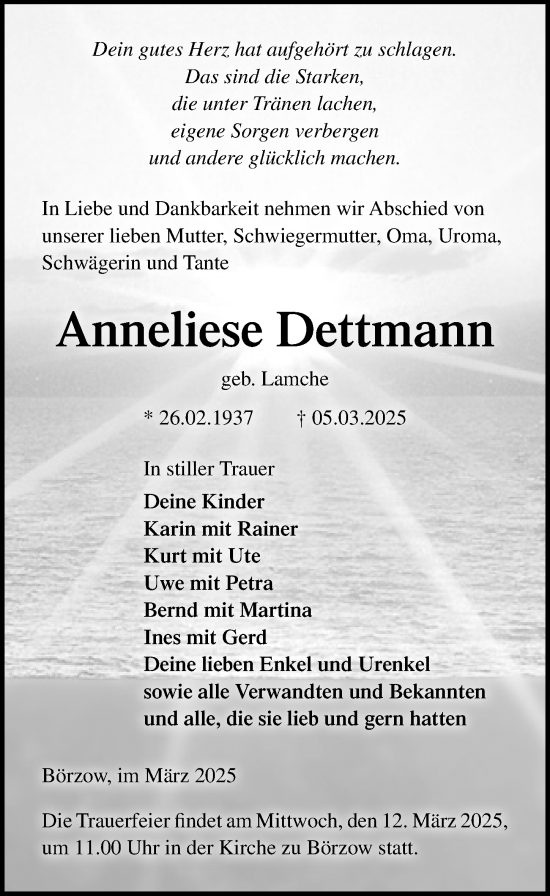 Traueranzeige von Anneliese Dettmann von Ostsee-Zeitung GmbH