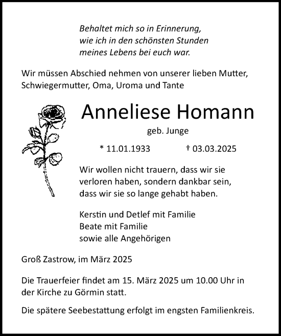 Traueranzeige von Anneliese Homann von Ostsee-Zeitung GmbH