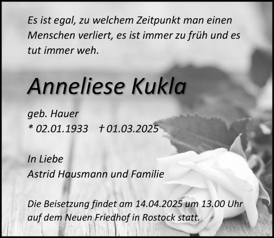 Traueranzeige von Anneliese Kukla von Ostsee-Zeitung GmbH