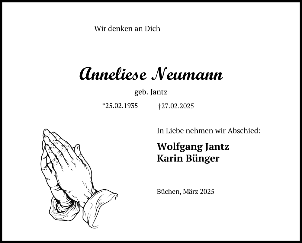  Traueranzeige für Anneliese Neumann vom 12.03.2025 aus Lübecker Nachrichten