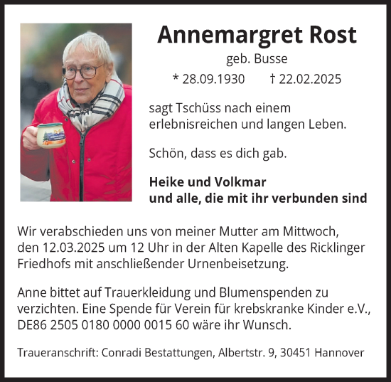 Traueranzeige von Annemargret Rost von Hannoversche Allgemeine Zeitung/Neue Presse
