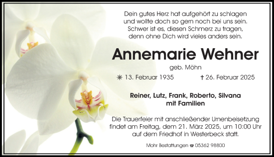 Traueranzeige von Annemarie Wehner von Aller Zeitung
