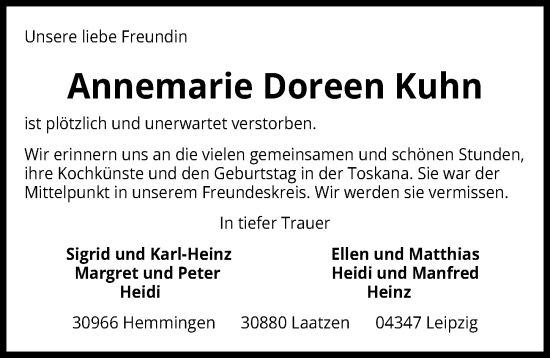 Traueranzeige von Annemarie Doreen Kuhn von Hannoversche Allgemeine Zeitung/Neue Presse