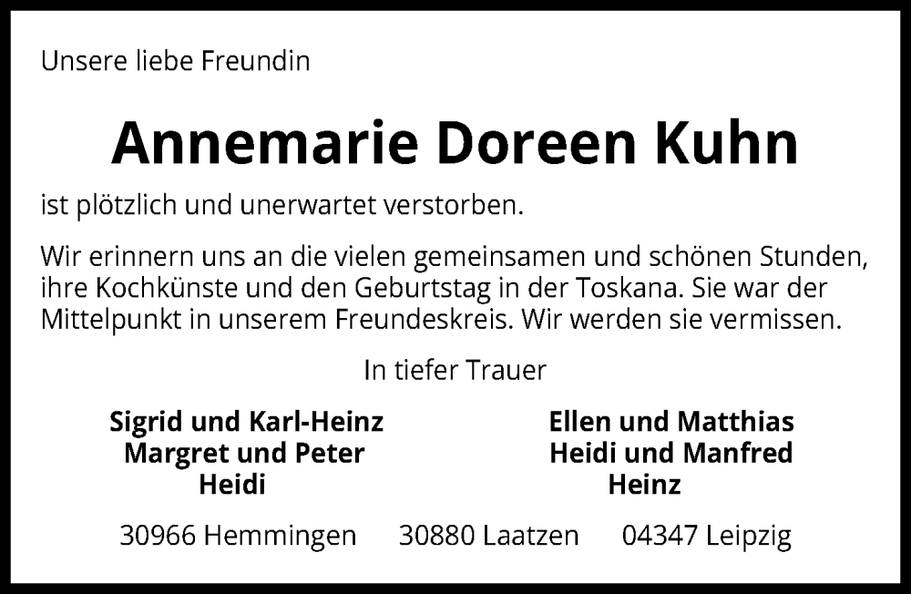  Traueranzeige für Annemarie Doreen Kuhn vom 15.03.2025 aus Hannoversche Allgemeine Zeitung/Neue Presse