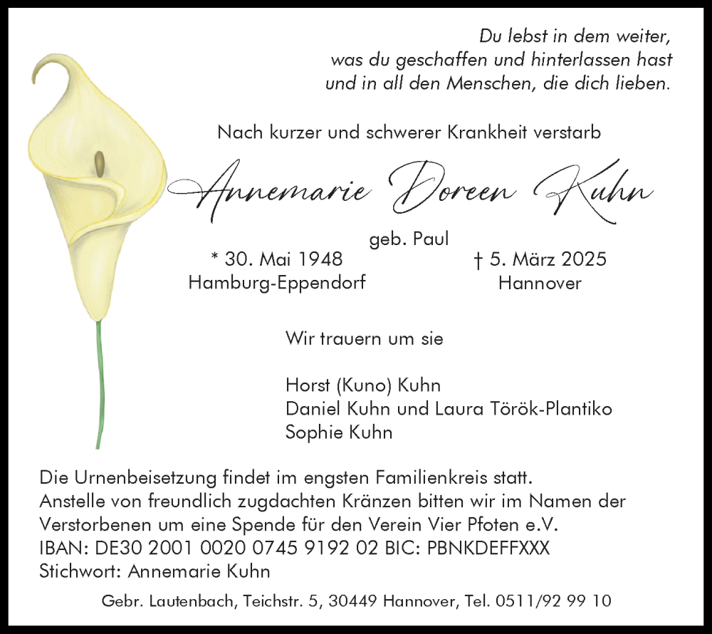  Traueranzeige für Annemarie Doreen Kuhn vom 15.03.2025 aus Hannoversche Allgemeine Zeitung/Neue Presse