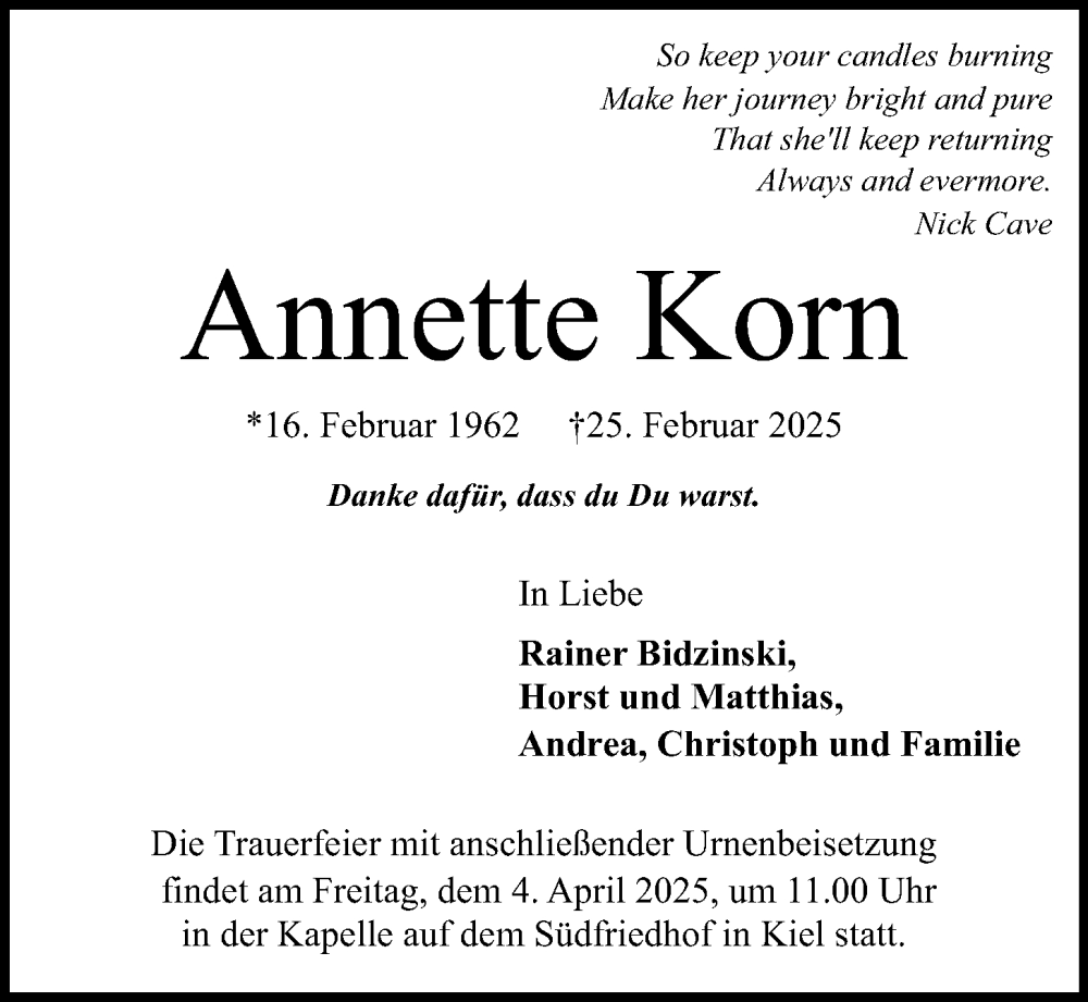  Traueranzeige für Annette Korn vom 29.03.2025 aus Kieler Nachrichten