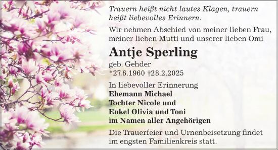 Traueranzeige von Antje Sperling von Sächsische Zeitung
