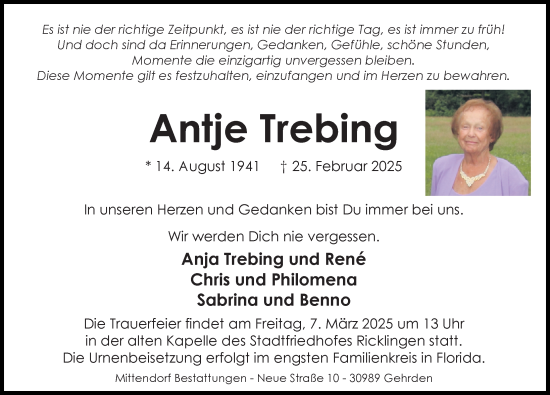 Traueranzeige von Antje Trebing von Hannoversche Allgemeine Zeitung/Neue Presse