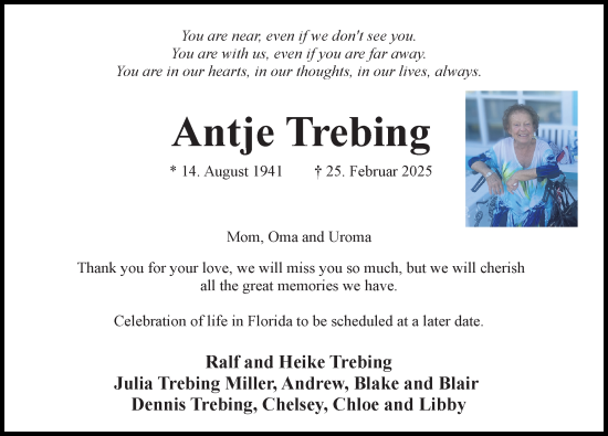 Traueranzeige von Antje Trebing von Hannoversche Allgemeine Zeitung/Neue Presse