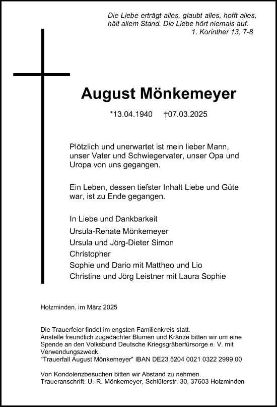 Traueranzeige von August Mönkemeyer von Täglicher Anzeiger Holzminden