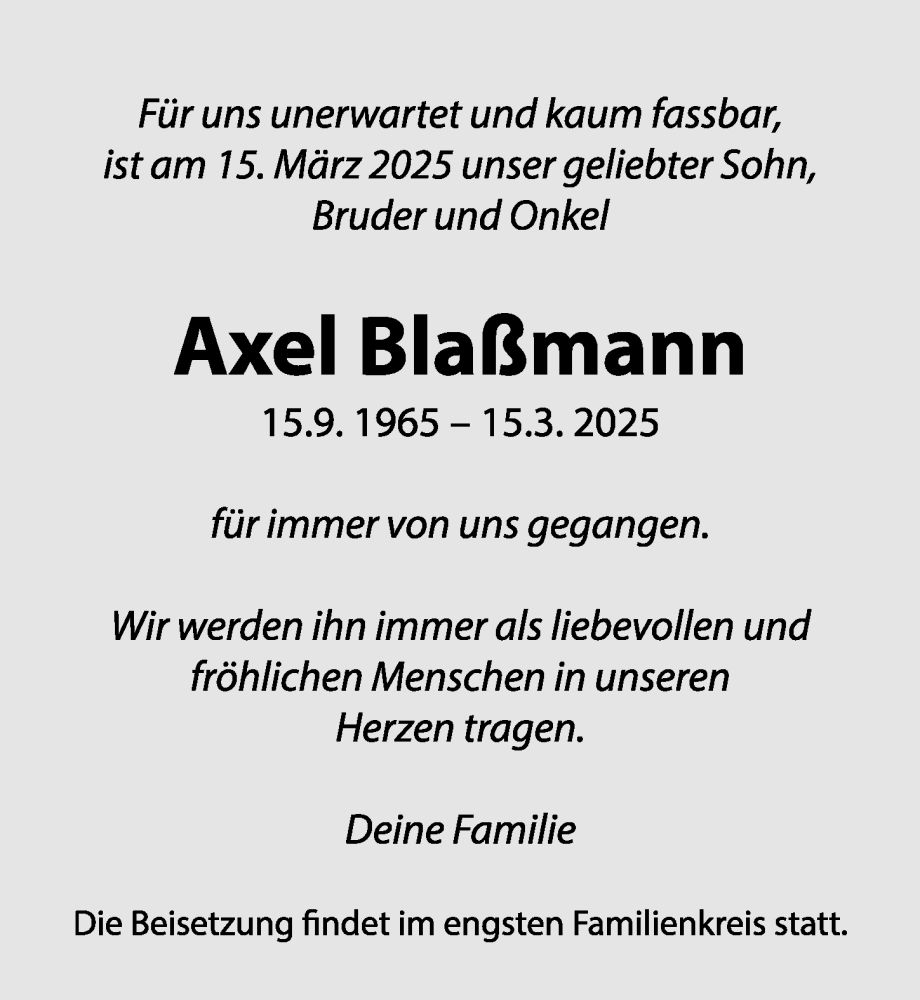  Traueranzeige für Axel Blabmann vom 22.03.2025 aus Märkischen Allgemeine Zeitung