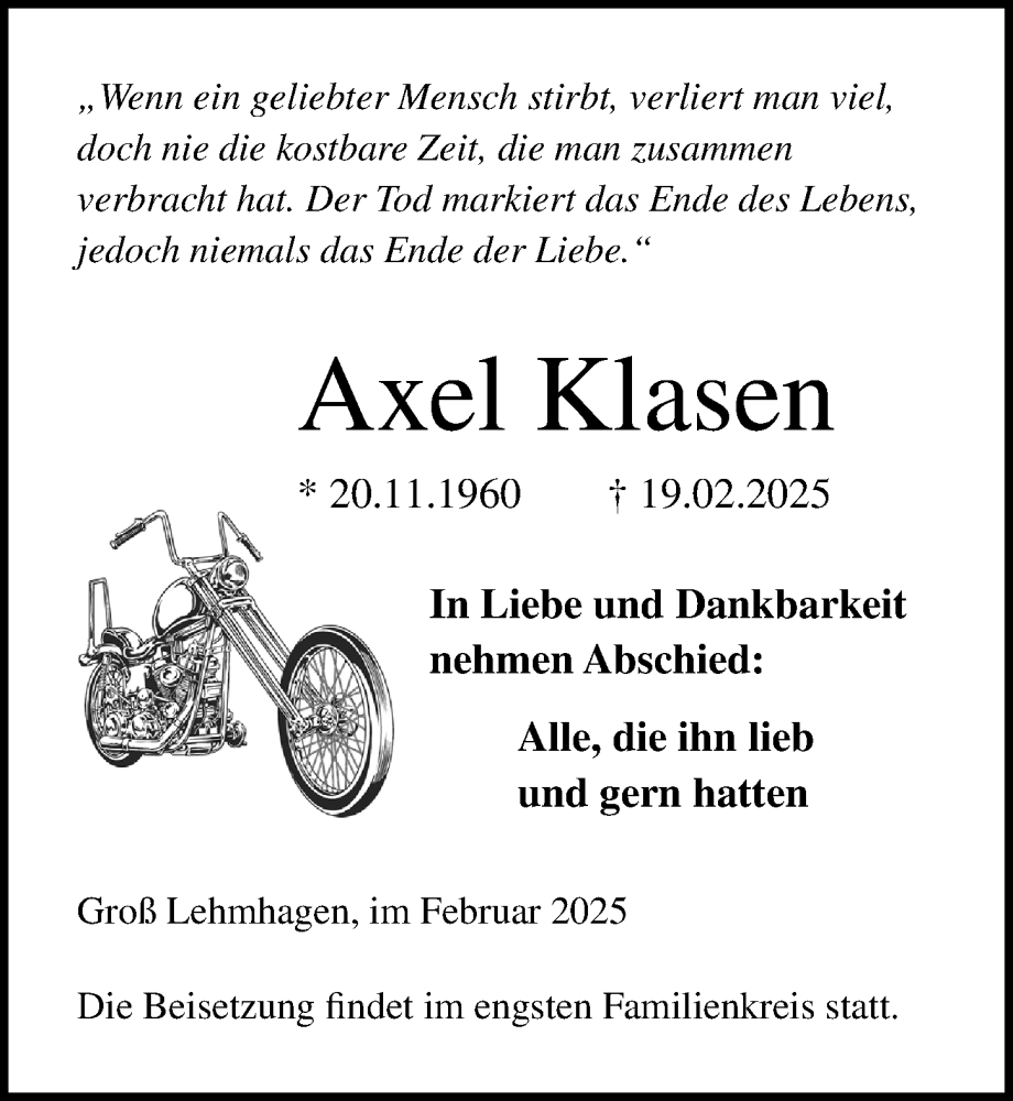  Traueranzeige für Axel Klasen vom 01.03.2025 aus Ostsee-Zeitung GmbH