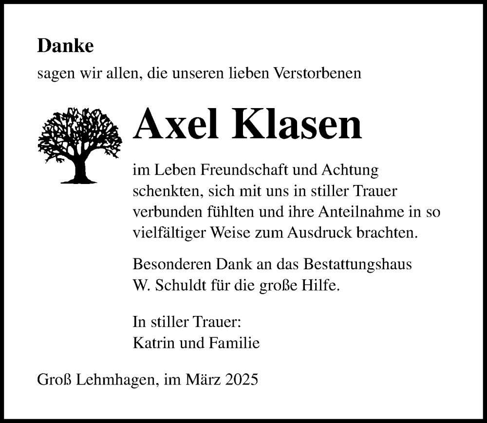  Traueranzeige für Axel Klasen vom 29.03.2025 aus Ostsee-Zeitung GmbH
