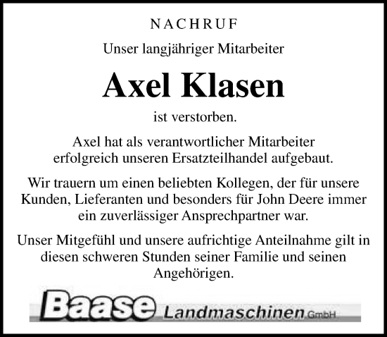 Traueranzeige von Axel Klasen von Ostsee-Zeitung GmbH