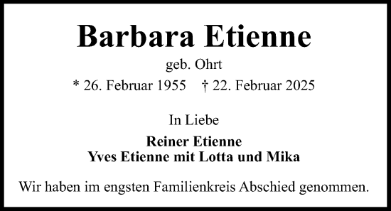 Traueranzeige von Barbara Etienne von Kieler Nachrichten