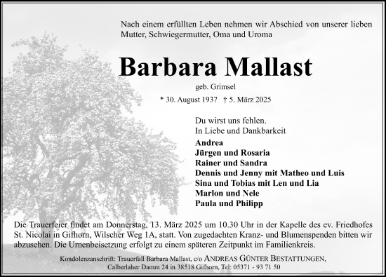 Traueranzeige von Barbara Mallast von Aller Zeitung