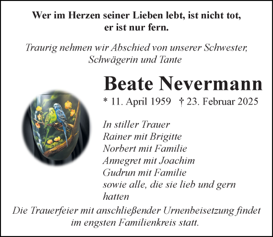 Traueranzeige von Beate Nevermann von Ostsee-Zeitung GmbH