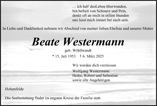 Traueranzeige von Beate Westermann von Kieler Nachrichten