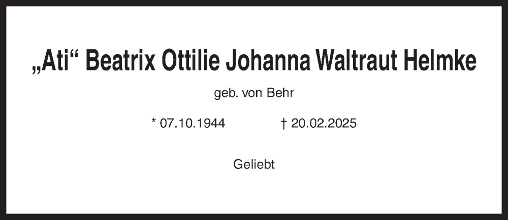  Traueranzeige für Beatrix Ottilie Johanna Waltraut Helmke vom 08.03.2025 aus Hannoversche Allgemeine Zeitung/Neue Presse