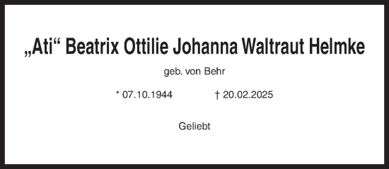 Traueranzeige von Beatrix Ottilie Johanna Waltraut Helmke von Hannoversche Allgemeine Zeitung/Neue Presse