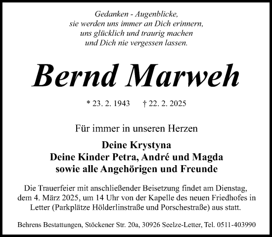Traueranzeige von Bernd Marweh von Hannoversche Allgemeine Zeitung/Neue Presse