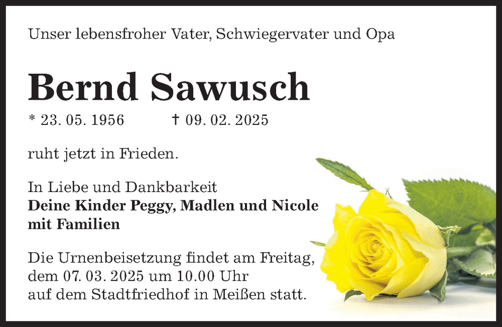  Traueranzeige für Bernd Sawusch vom 01.03.2025 aus Sächsische Zeitung