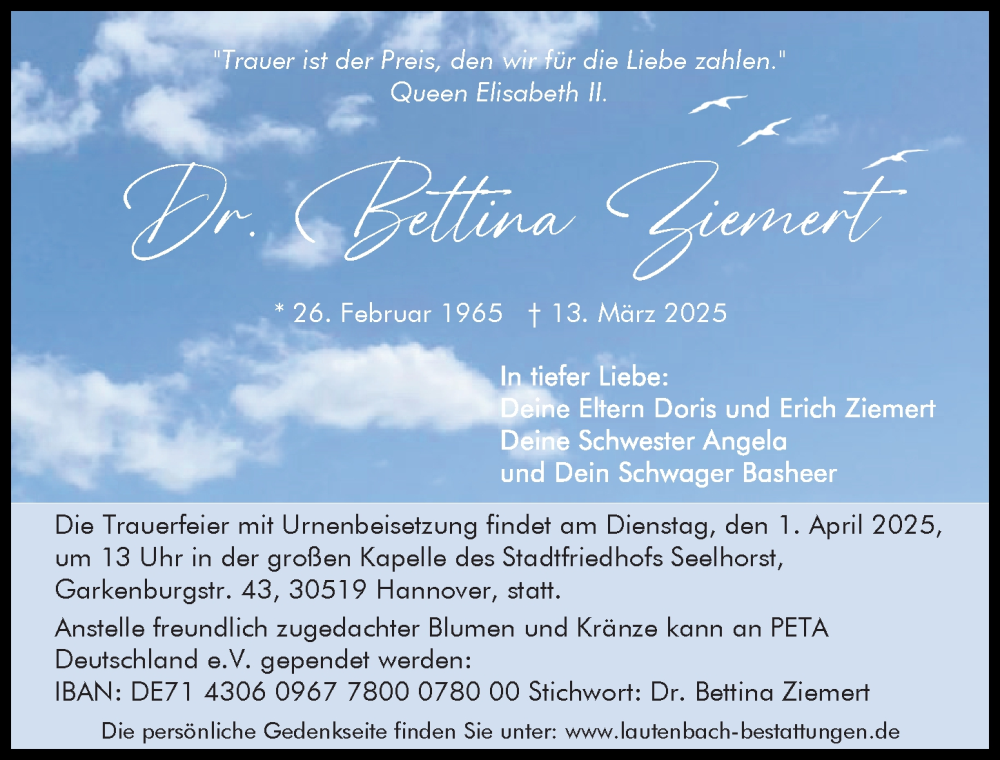  Traueranzeige für Bettina Ziemert vom 29.03.2025 aus Hannoversche Allgemeine Zeitung/Neue Presse