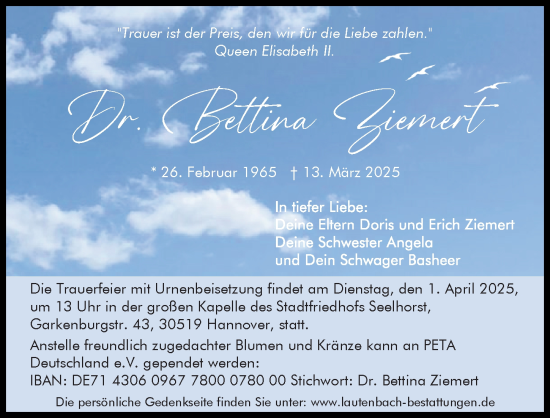 Traueranzeige von Bettina Ziemert von Hannoversche Allgemeine Zeitung/Neue Presse