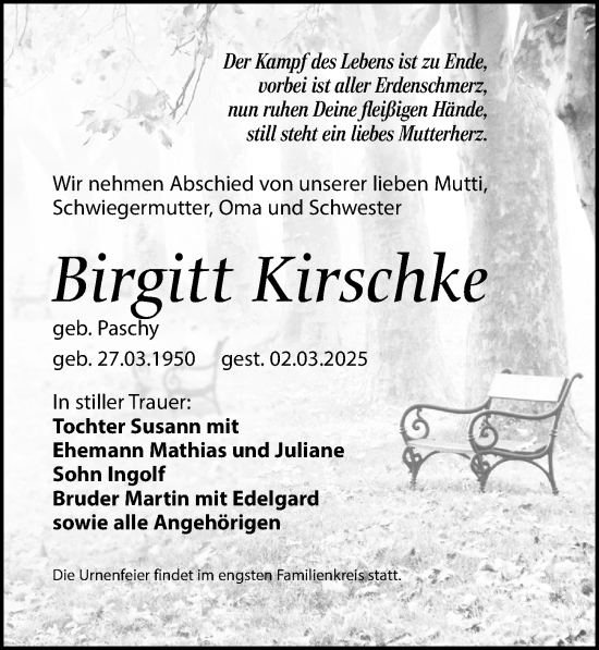 Traueranzeige von Birgitt Kirschke von Leipziger Volkszeitung