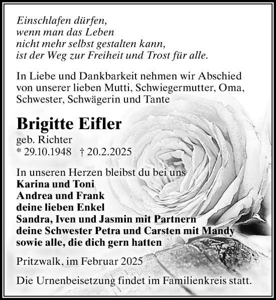 Traueranzeige von Brigitte Eifler von Wochenspiegel