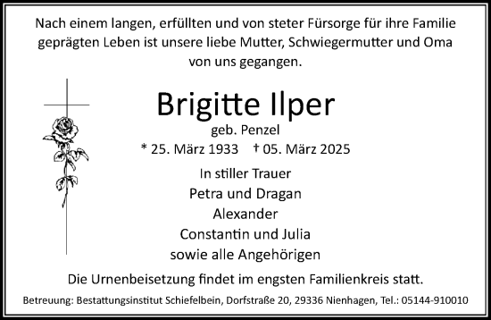 Traueranzeige von Brigitte Ilper von Hannoversche Allgemeine Zeitung/Neue Presse