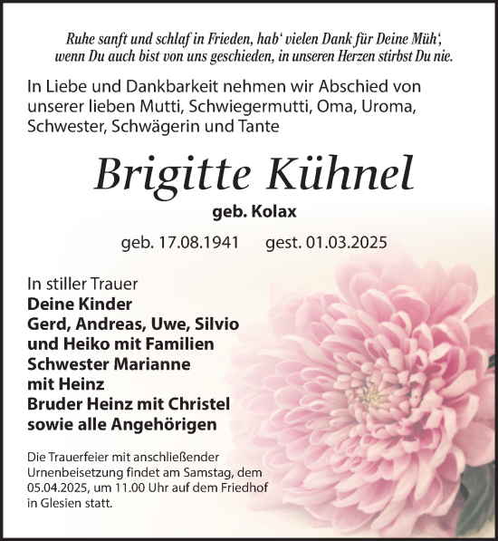 Traueranzeige von Brigitte Kühnel von Leipziger Volkszeitung