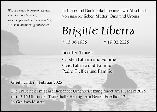 Traueranzeige von Brigitte Liberra von Ostsee-Zeitung GmbH
