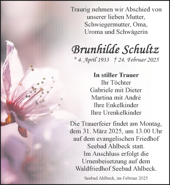 Traueranzeige von Brunhilde Schultz von Ostsee-Zeitung GmbH