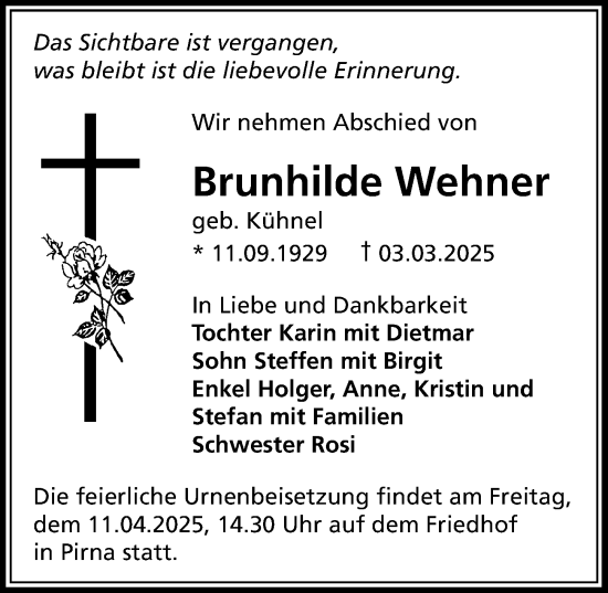 Traueranzeige von Brunhilde Wehner von Sächsische Zeitung