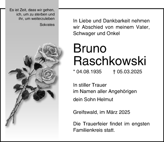 Traueranzeige von Bruno Raschkowski von Ostsee-Zeitung GmbH