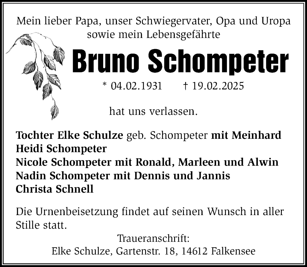  Traueranzeige für Bruno Schompeter vom 01.03.2025 aus Märkischen Allgemeine Zeitung