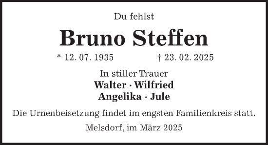Traueranzeige von Bruno Steffen von Kieler Nachrichten