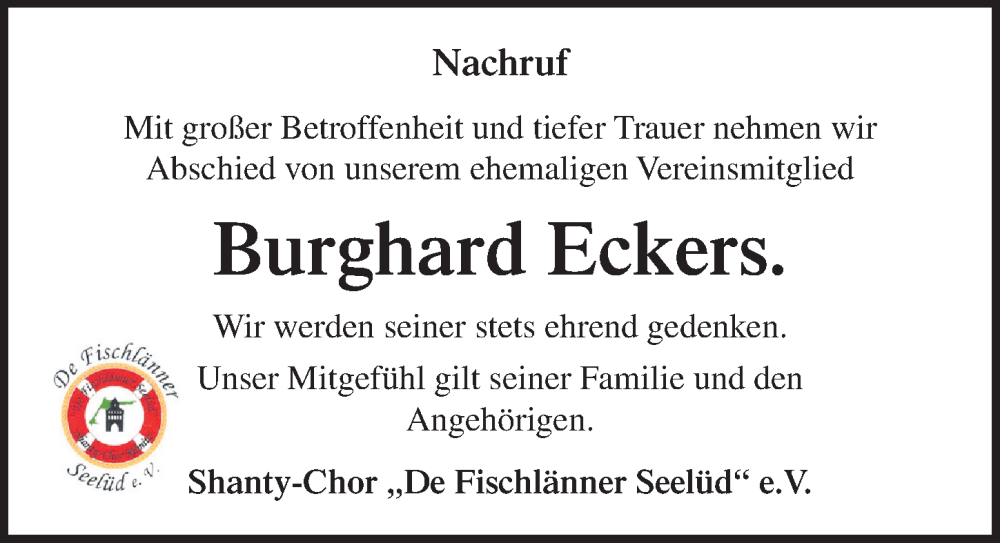  Traueranzeige für Burghard Eckers vom 15.03.2025 aus Ostsee-Zeitung GmbH