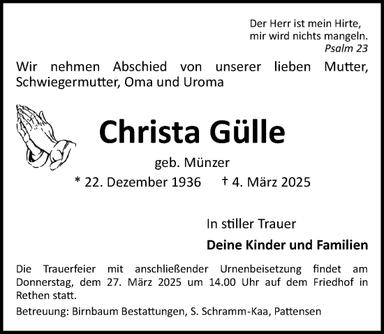 Traueranzeige von Christa Gülle von Hannoversche Allgemeine Zeitung/Neue Presse