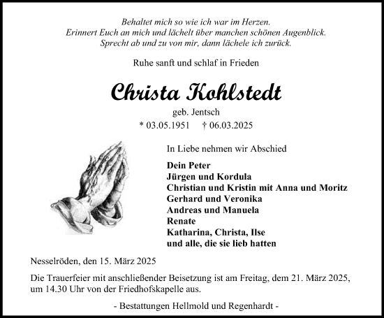 Traueranzeige von Christa Kohlstedt von Eichsfelder Tageblatt