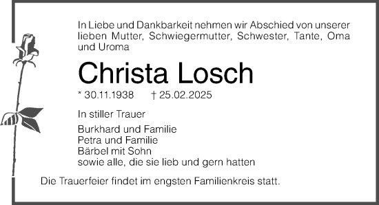 Traueranzeige von Christa Losch von Ostsee-Zeitung GmbH